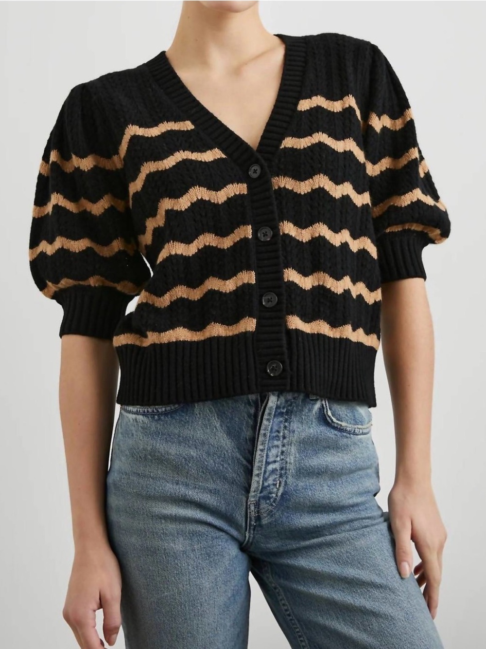 Rails Isla Cardigan Sweater Women’s M Black Camel Short Puff Sleeves Preppy